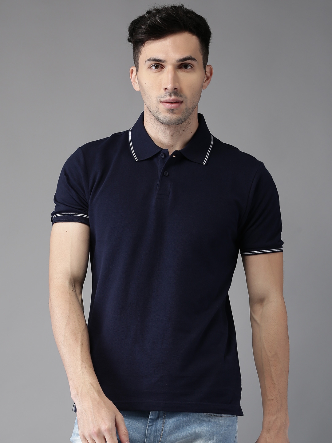 Gray cotton polo with officer collar