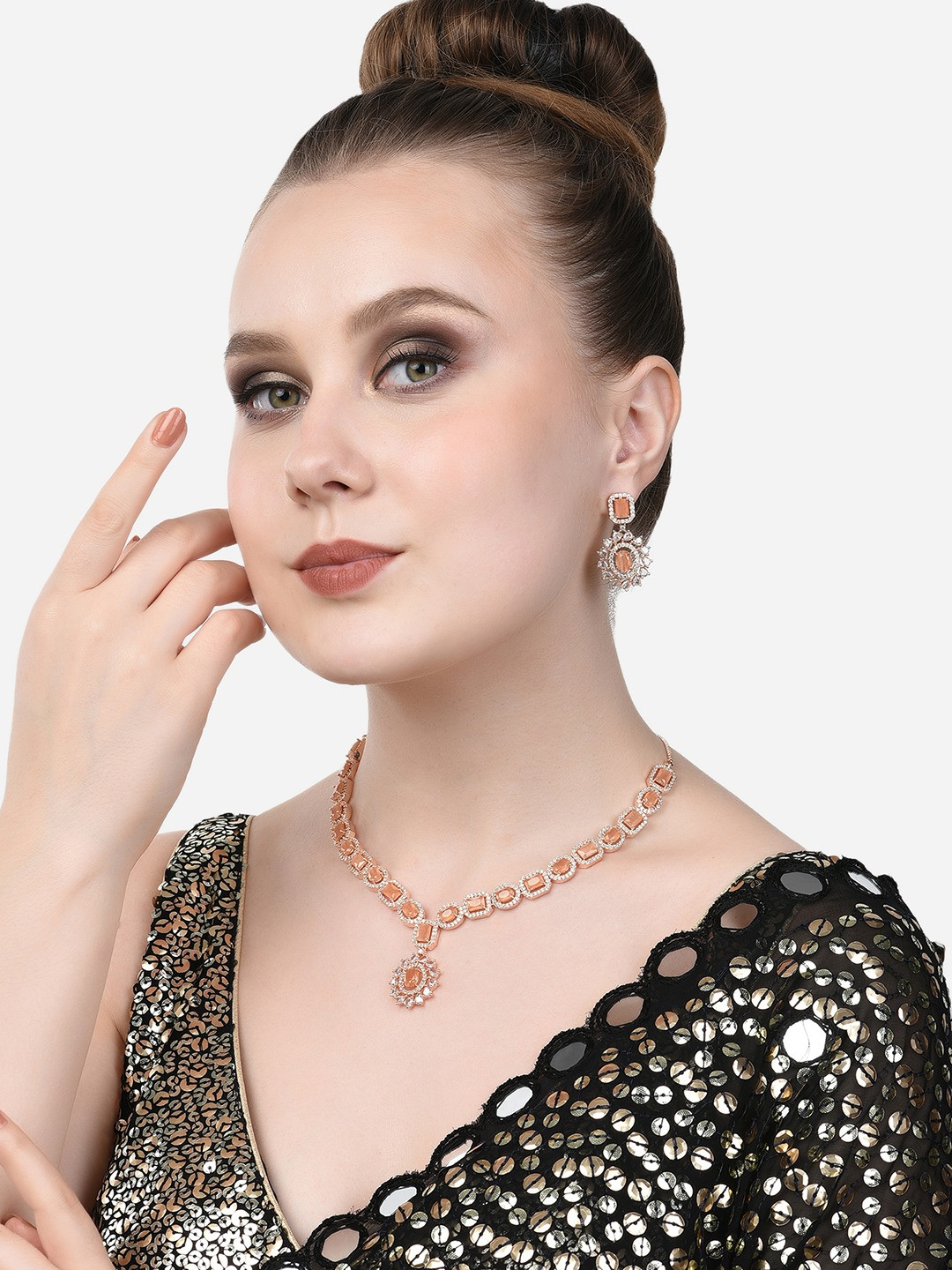 AMI Women Rose-Gold Plated Peach-Colored CZ Stone-Studded Jewellery Set