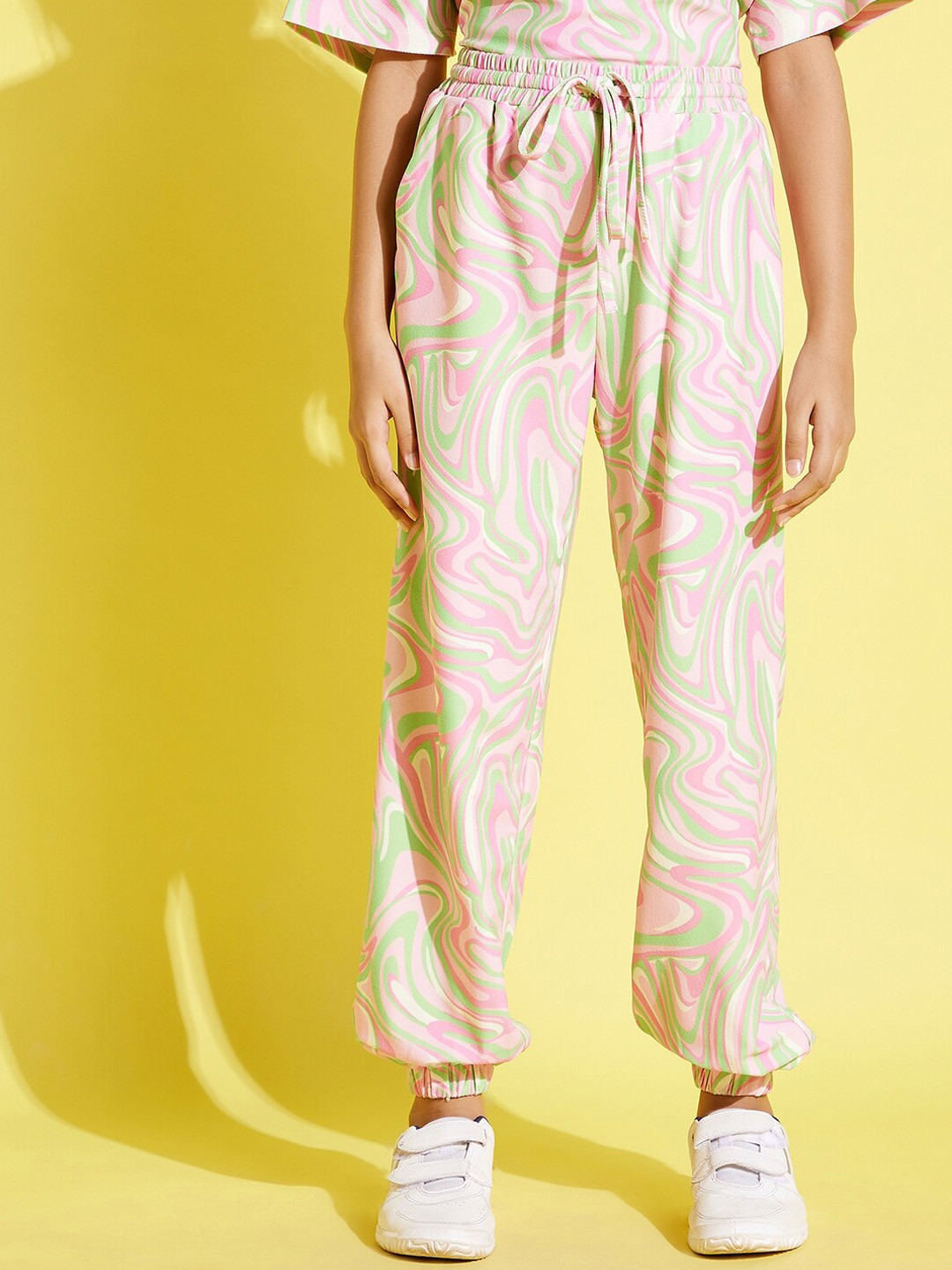 Noh.Voh - SASSAFRAS Girls Pink & Green Abstract Waves Print Joggers