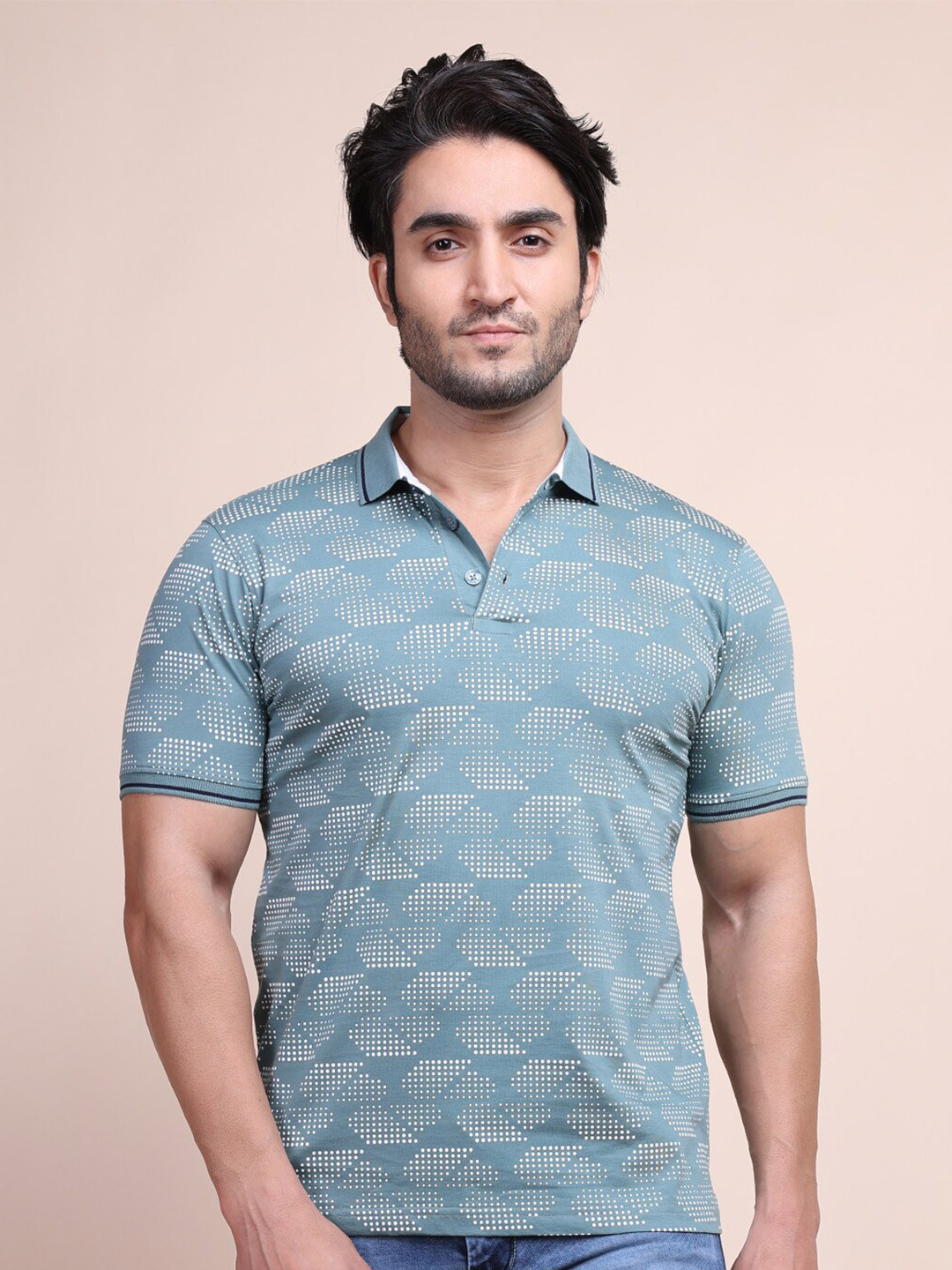 berry blues Men Sage Green Printed Polo Collar Cotton T-shirt