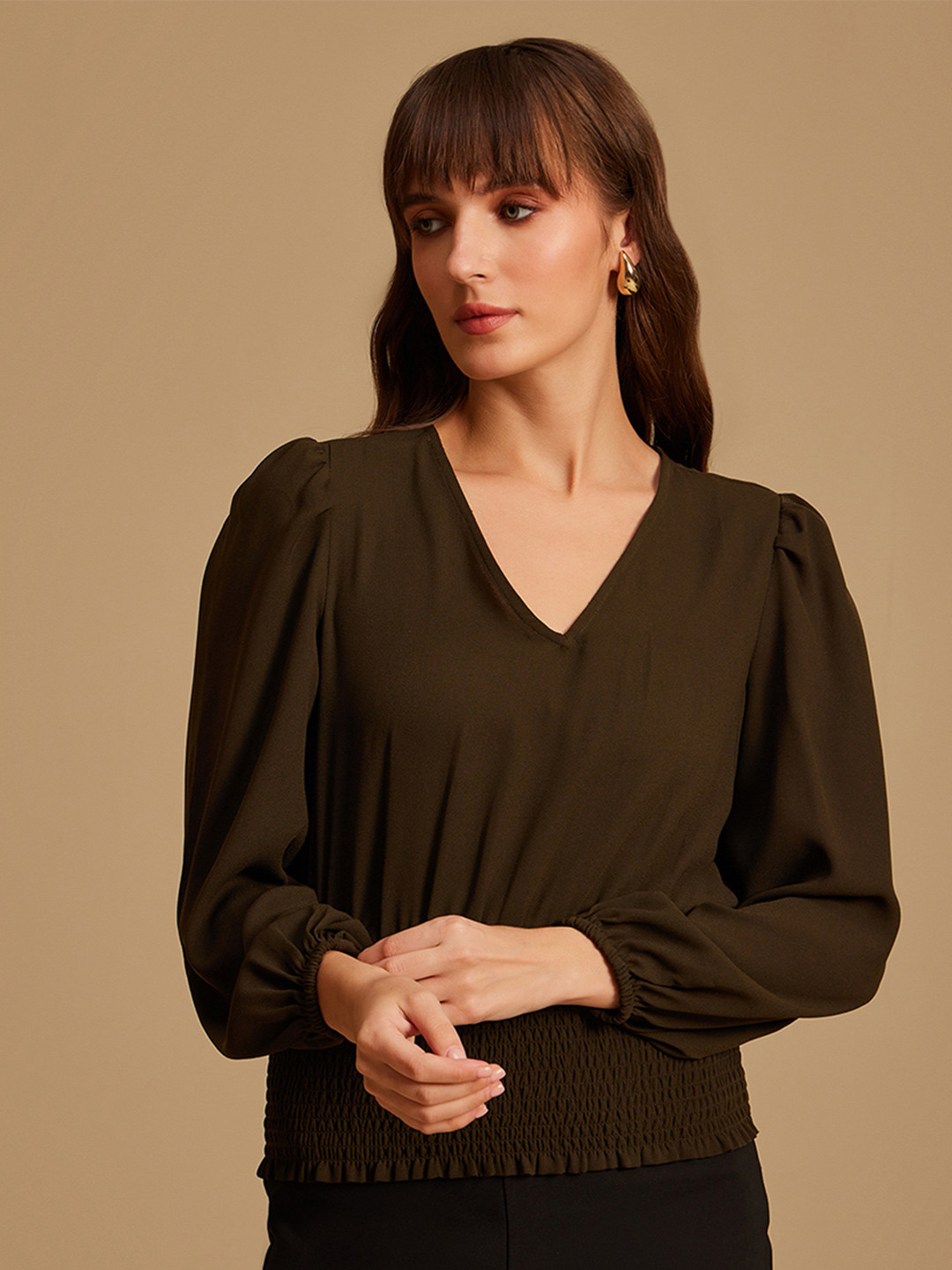 Kazo Women Olive Green Smocked Top