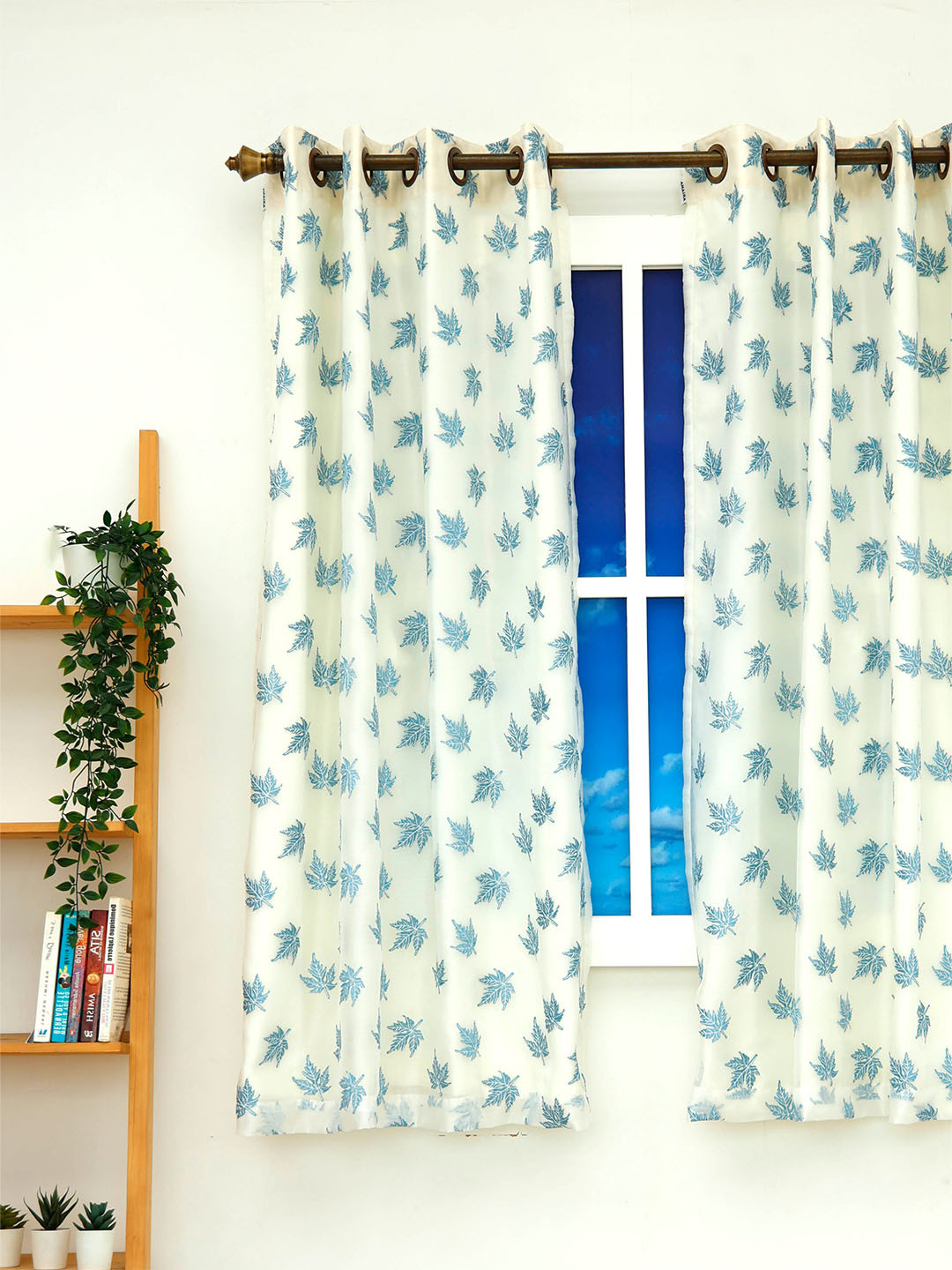 Ariana White & Blue Foliage Embroidered Window Curtain