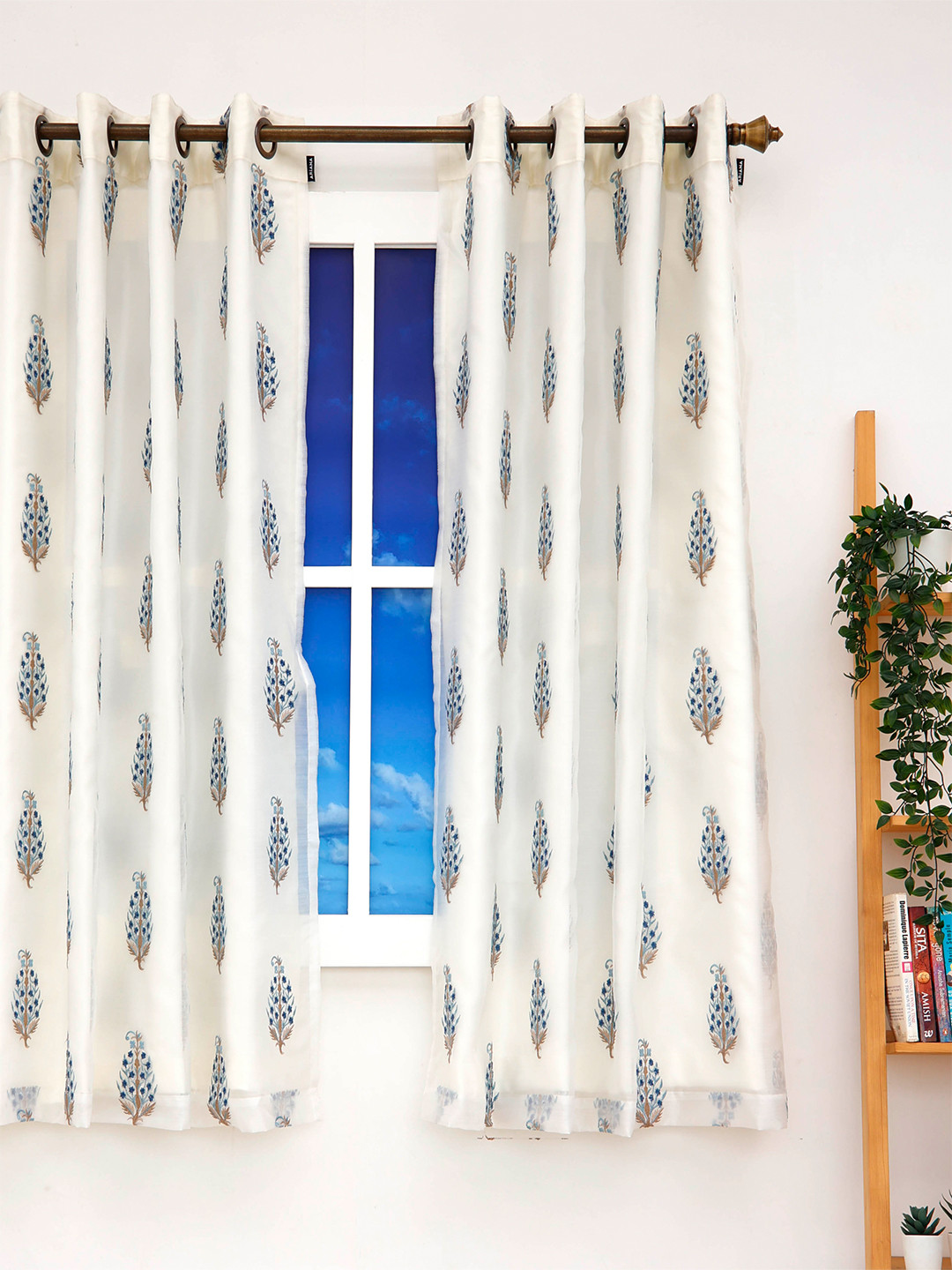 Ariana Blue & Gold-Toned Embroidered Window Curtain