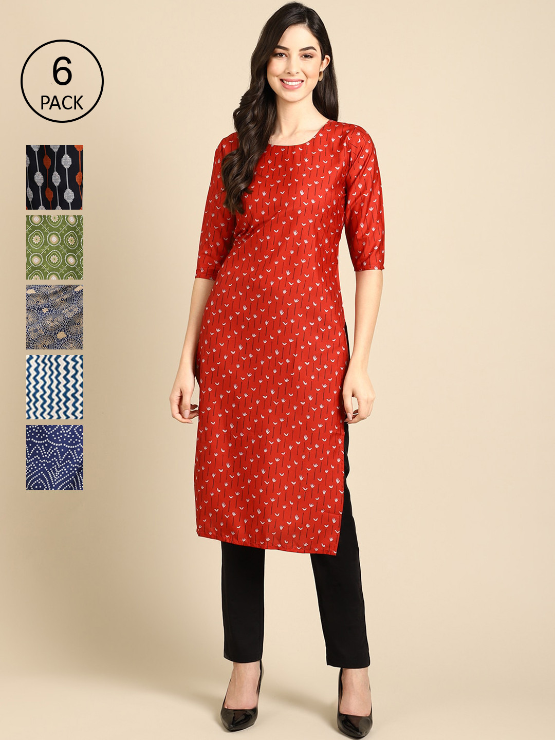 7Threads Women  White and Red Summer Sheers Crepe Kurta  [PACK OF 6]