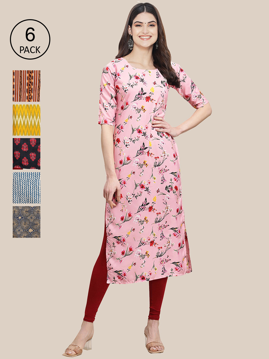 7Threads Women Pink And Red Floral  Summer Sheers Crepe Kurta  [PACK OF 6]