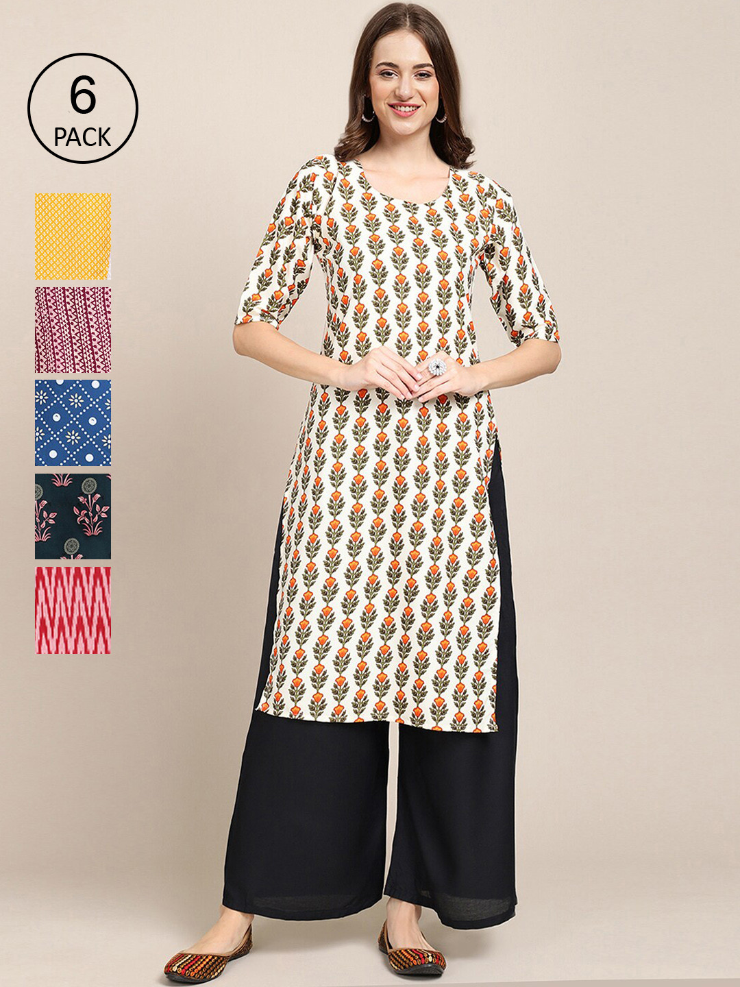 7Threads Women Cream-Coloured & Yellow Pack of 6 Geometric Printed Crepe Kurtas