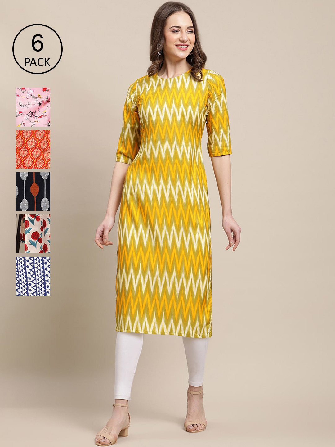 7Threads Women Blue And Yellow  Summer Sheers Crepe Kurta [PACK OF 6]