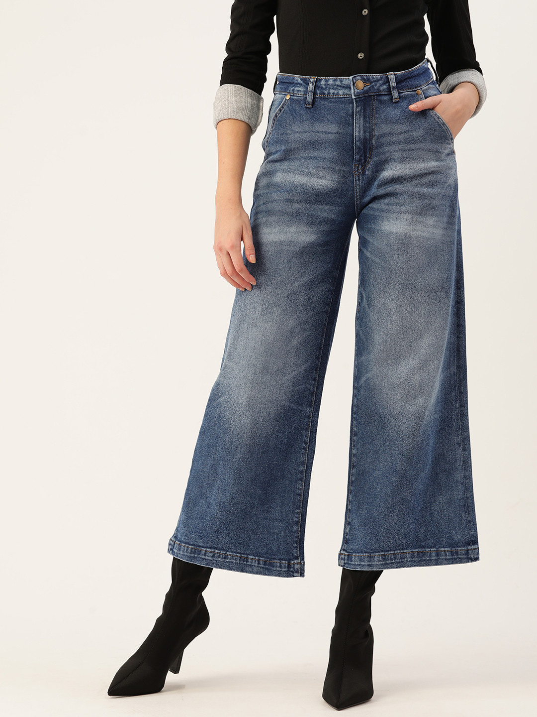 DressBerry Women Blue Wide Leg Light Fade Jeans
