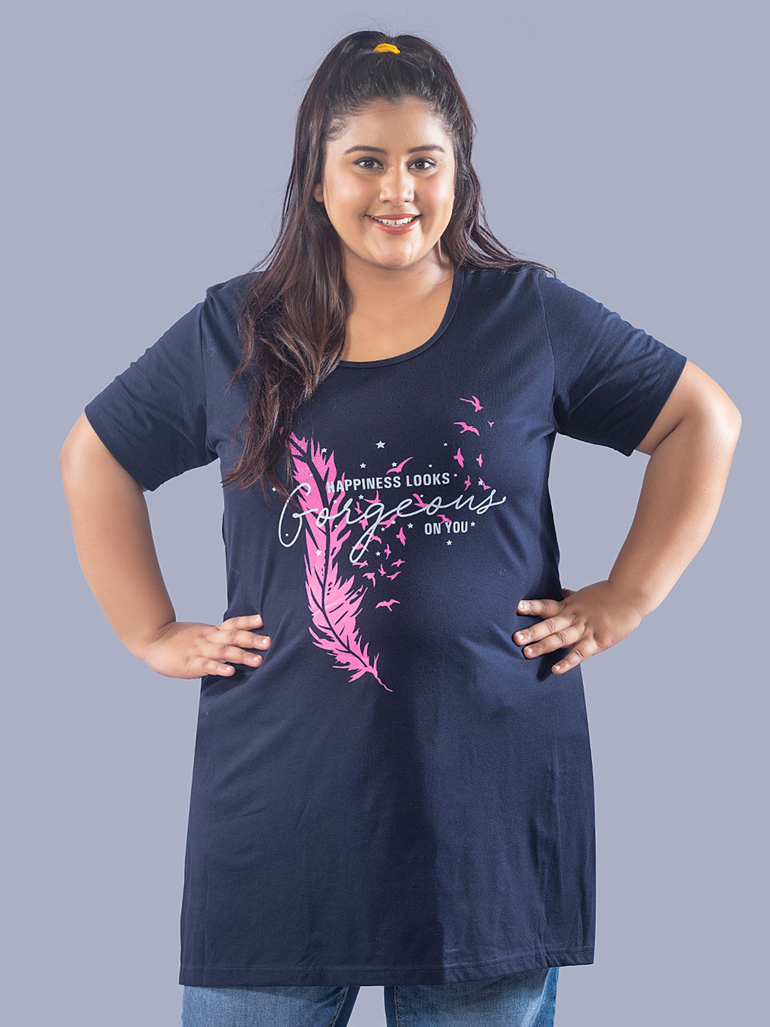 CUPID Plus Size Women Navy Blue Print Longline Top