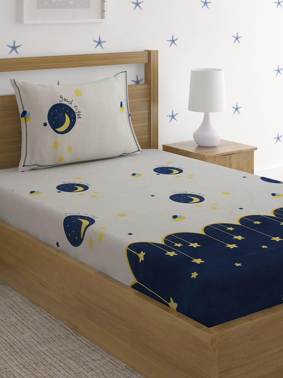SOKNACK White Conversational Polycotton 300 TC Single Fine Bedsheet with a Pillow Cover-152 x 229 cm