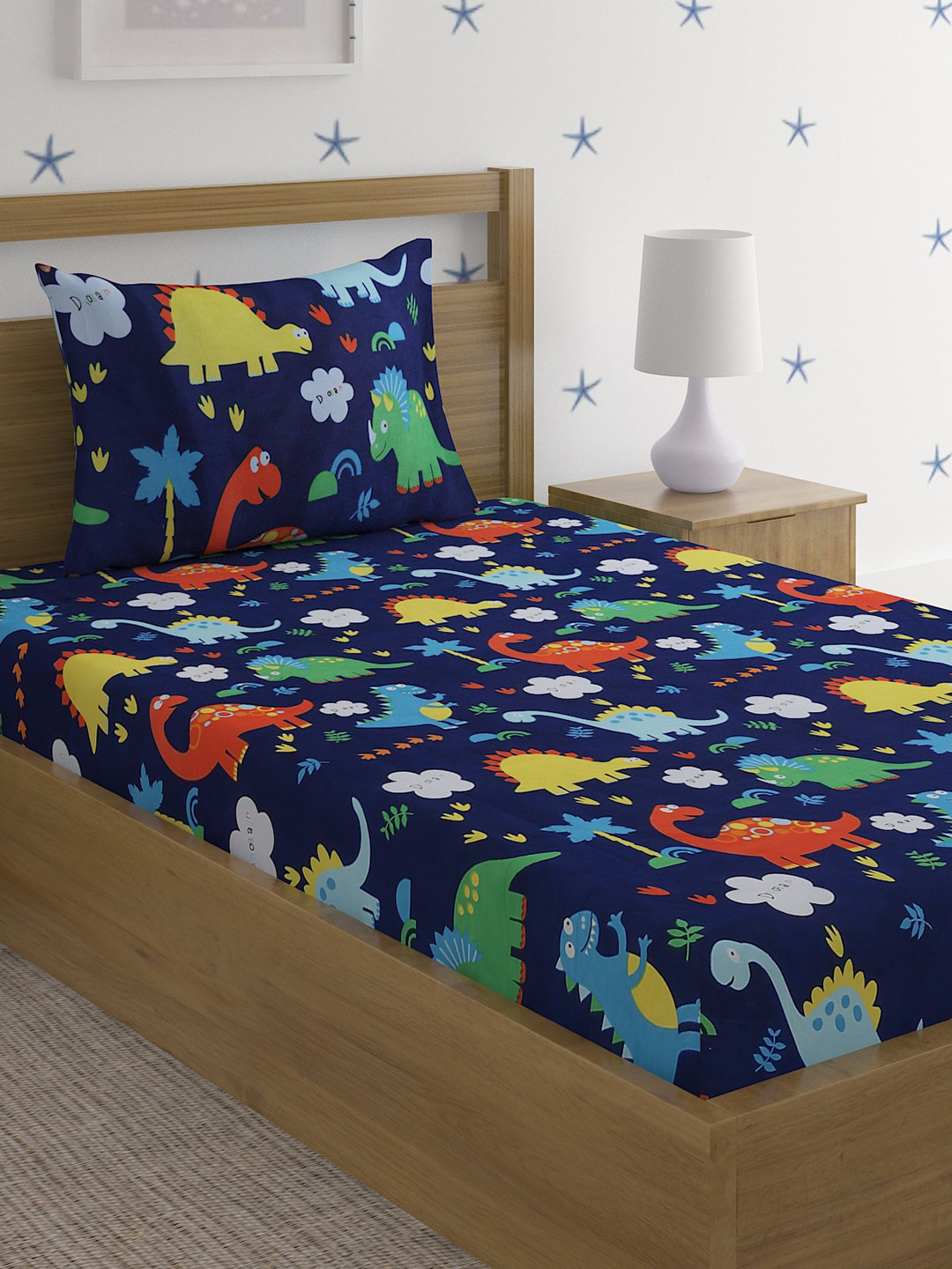 SOKNACK Navy Blue Conversational Polycotton 300 TC Fitted Single Fine Bedsheet with a Pillow Cover-59 x 87 inches