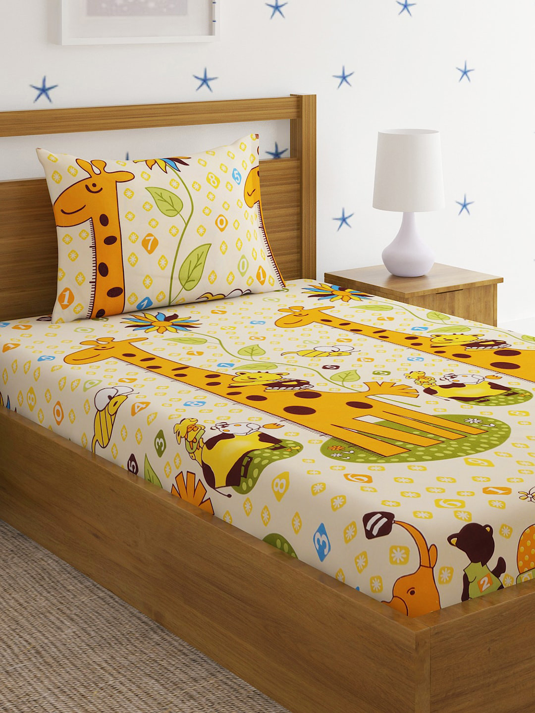 SOKNACK Beige Graphic Polycotton 300 TC Single Fine Bedsheet with a Pillow Cover-59 x 87 inches