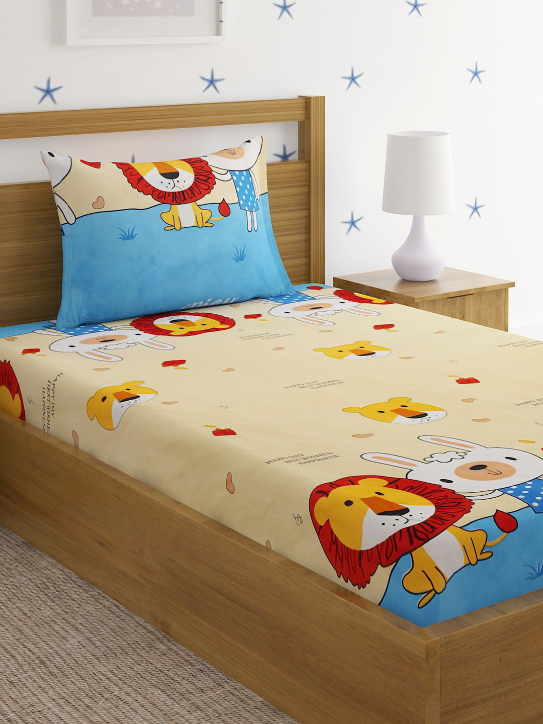 SOKNACK Beige Cartoon Characters Polycotton 300 TC Single Fine Bedsheet with 2 Pillow Covers-59 x 87 inches
