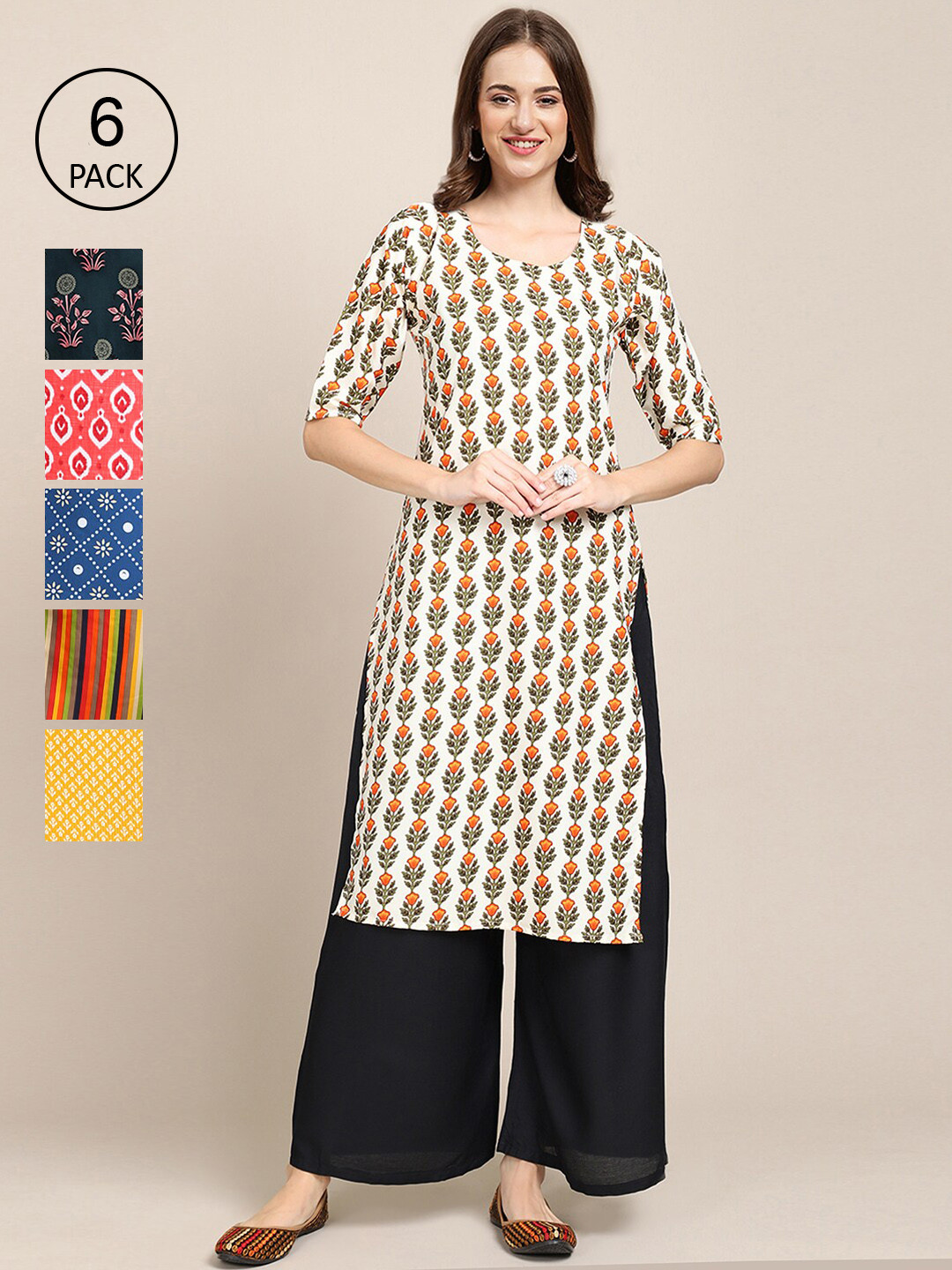 7Threads Women Cream-Coloured & Teal Pack of 6 Floral Printed Crepe Kurtas