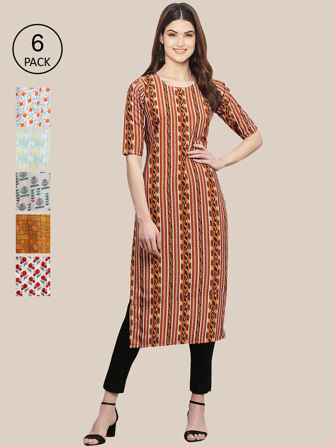 7Threads Pack of 6 Women Beige & Grey Floral Printed Summer Sheers Crepe Kurta