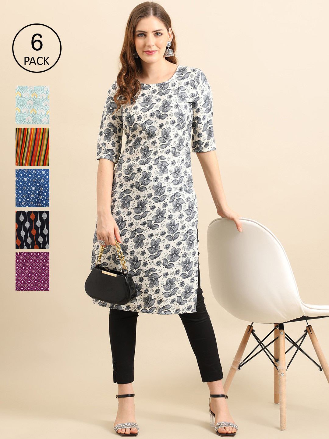 7Threads Women Grey & Blue Floral Pack of 6 Printed Crepe Kurtas