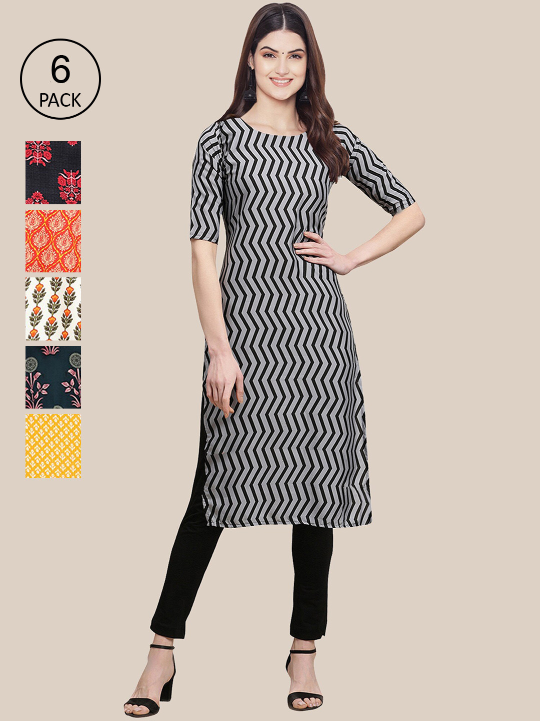 7Threads Women Black And Red Summer Sheers Crepe Kurta [PACK OF 6]