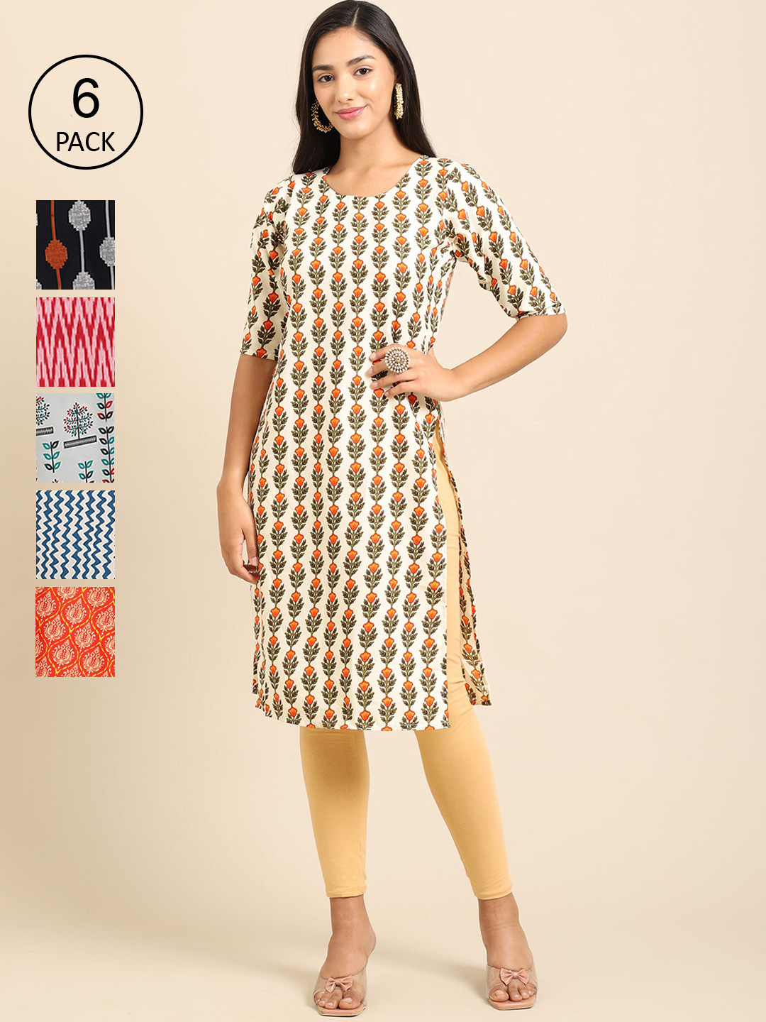 7Threads Women Cream-Coloured & Black Pack of 6 Ethnic Motifs Printed Crepe Kurtas