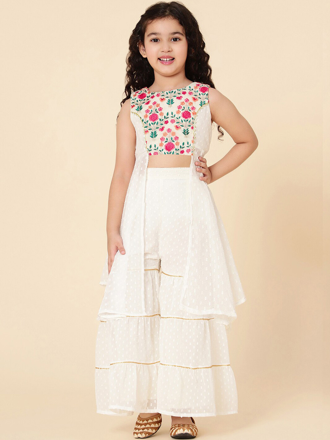 A T U N Girls Cream-Coloured Floral Embroidered Sharara Set