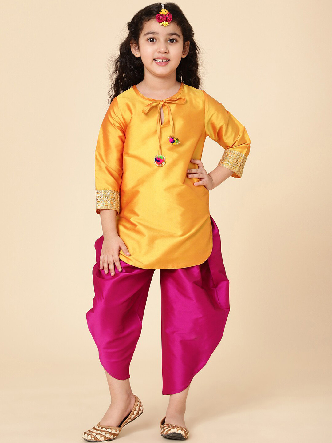 A T U N Girls Yellow Embroidered Kurti with Dhoti Pant