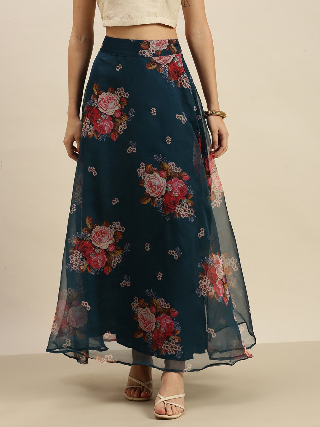 De Moza Women Teal-Coloured Printed Flared Maxi Skirt