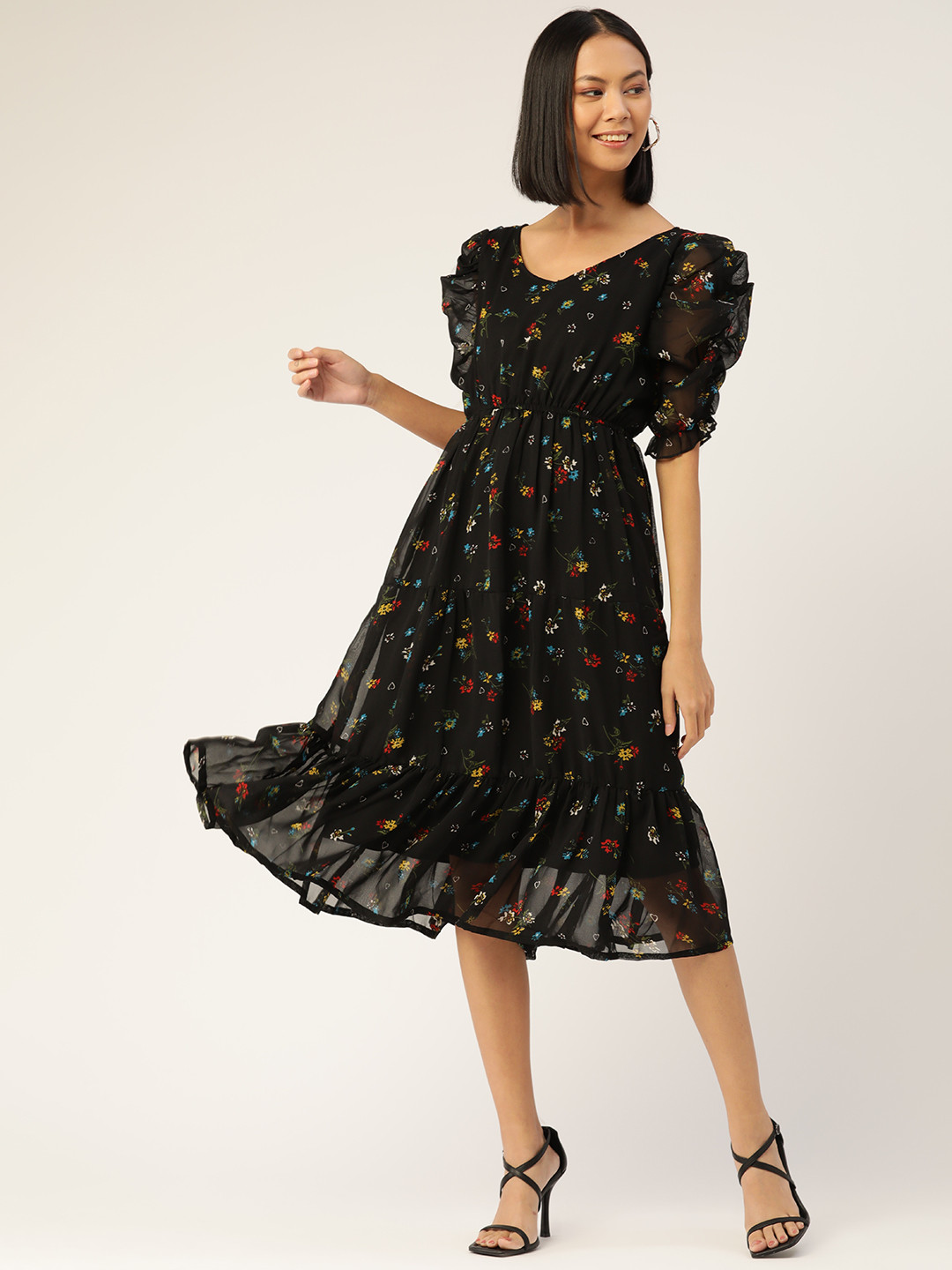 WISSTLER Black & Yellow Floral Georgette Midi Dress