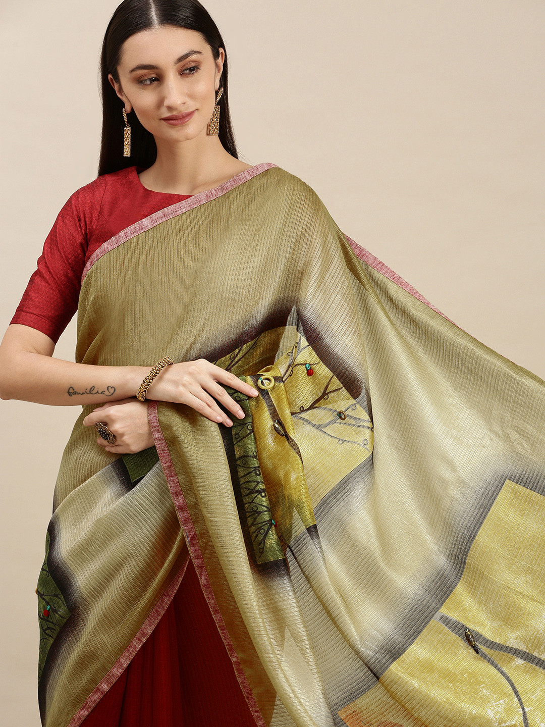 RACHNA Beige & Rust Orange Ethnic Motifs Printed Saree with Blouse