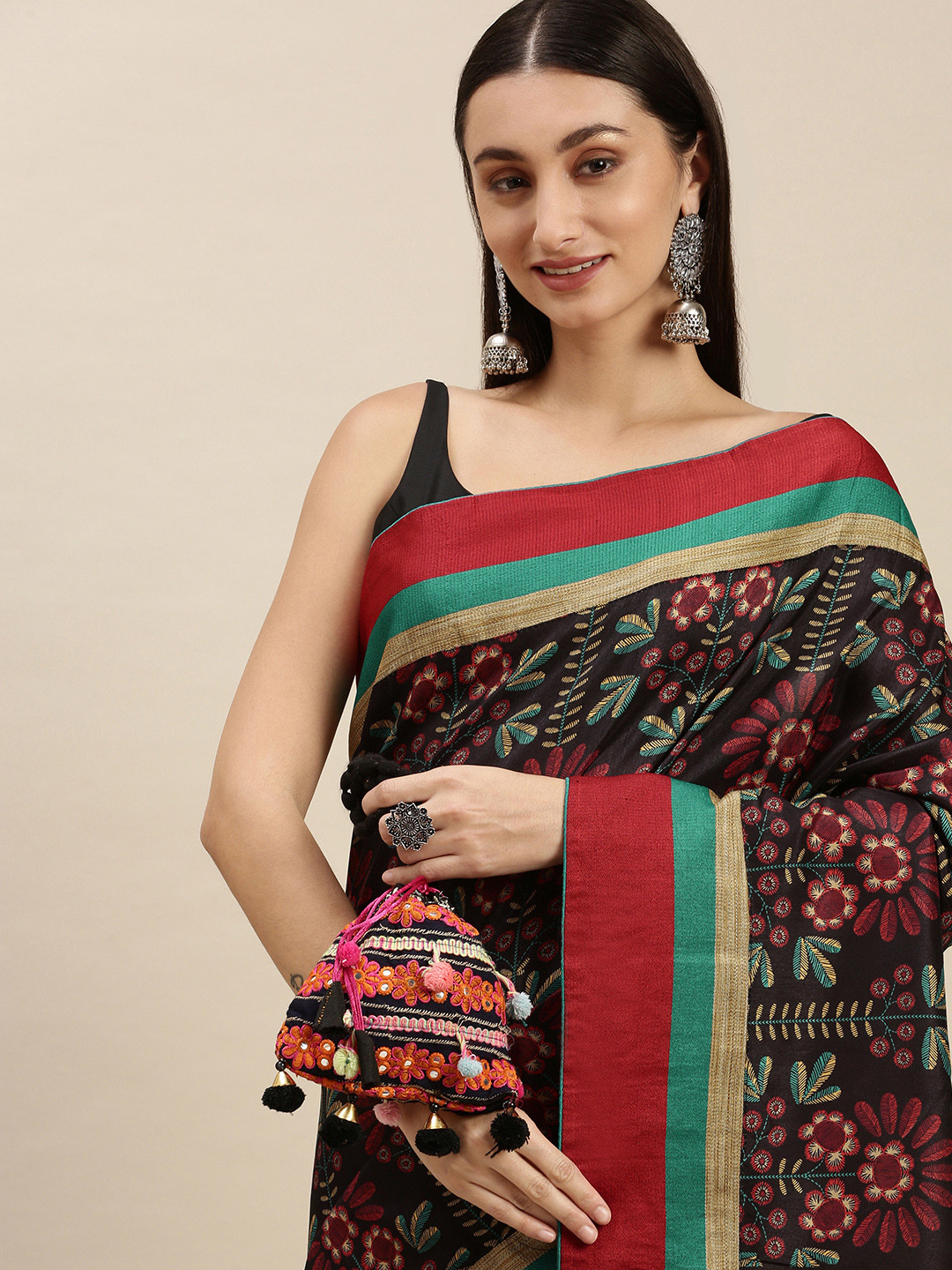 RACHNA Pink & Black Ethnic Motifs Saree