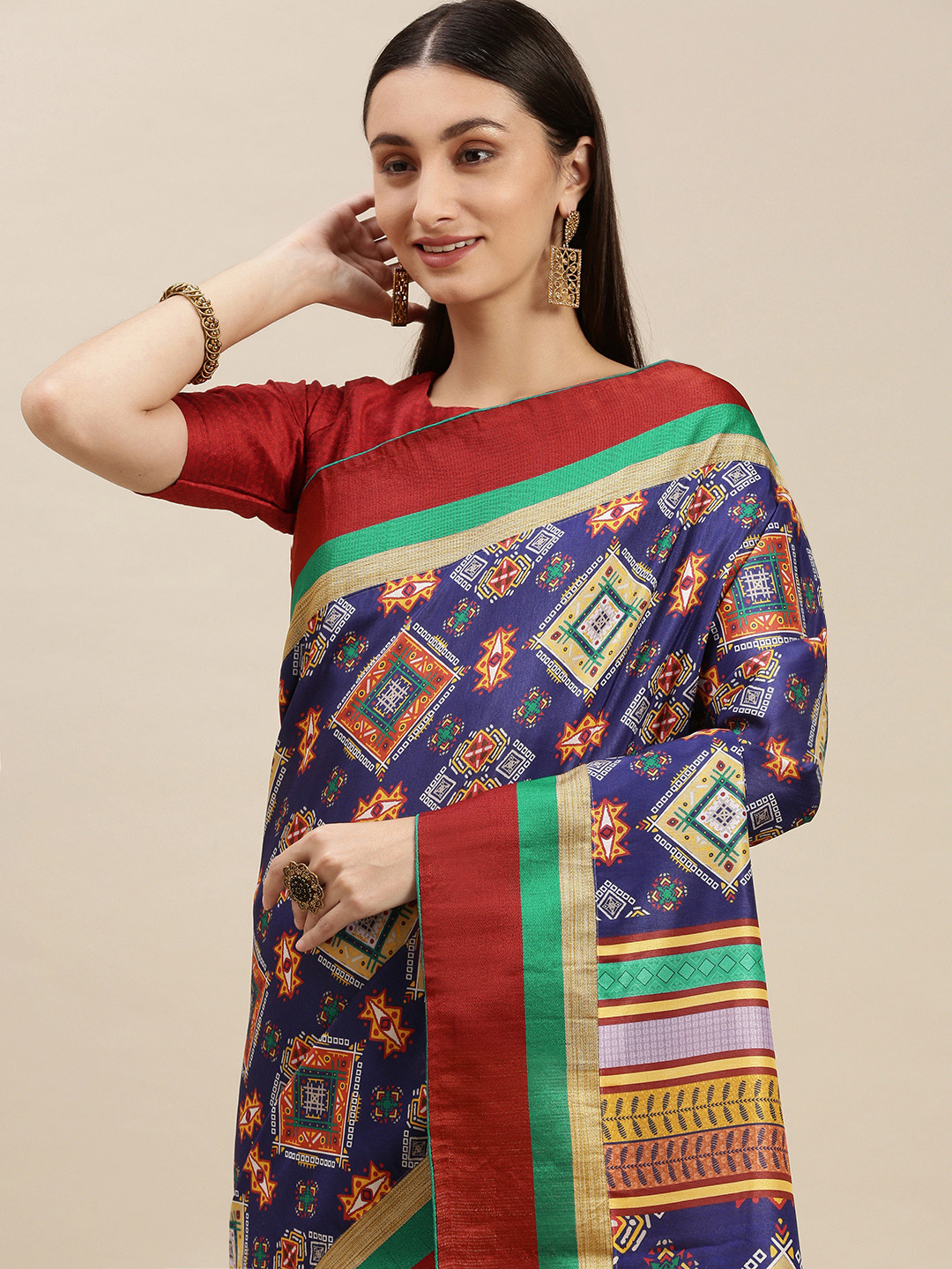 RACHNA Navy Blue Ethnic Motifs Printed Manipuri Silk Saree with Blouse