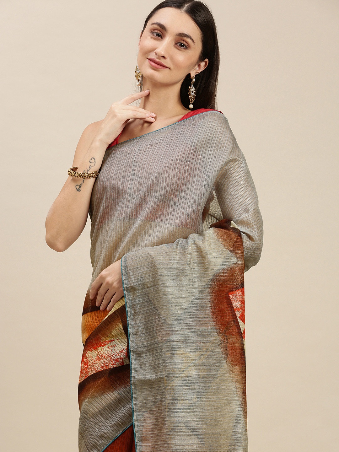 RACHNA Grey & Rust Orange Ethnic Motifs Printed Saree with Blouse