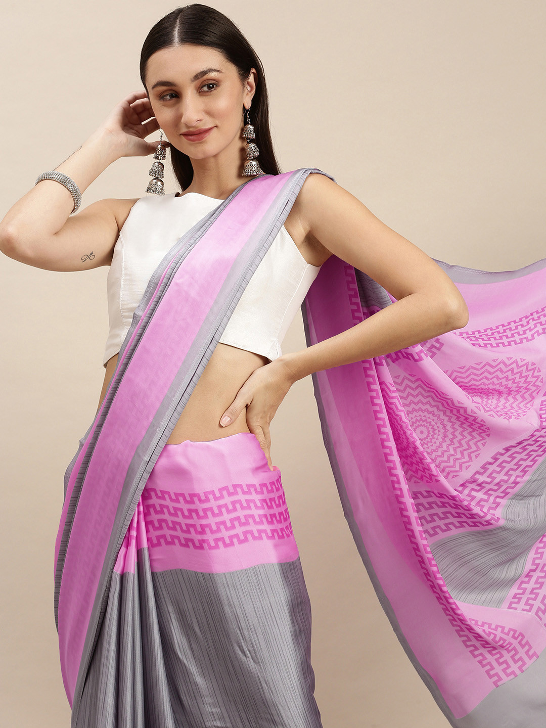 RACHNA Grey & Lavender Printed Chiffon Saree with Blouse