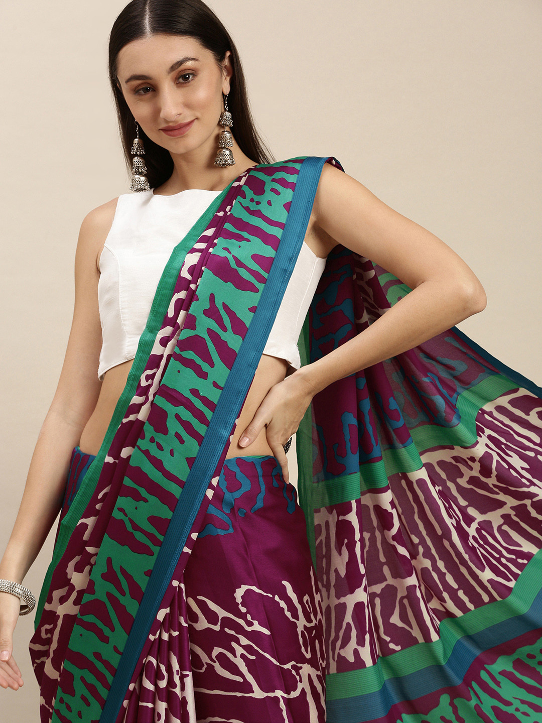 RACHNA Maroon & Blue Printed Chiffon Saree with Blouse