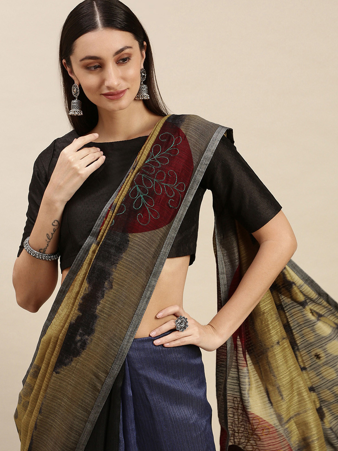 RACHNA Navy Blue & Beige Embroidered Embellished Abstract Printed Saree with Blouse