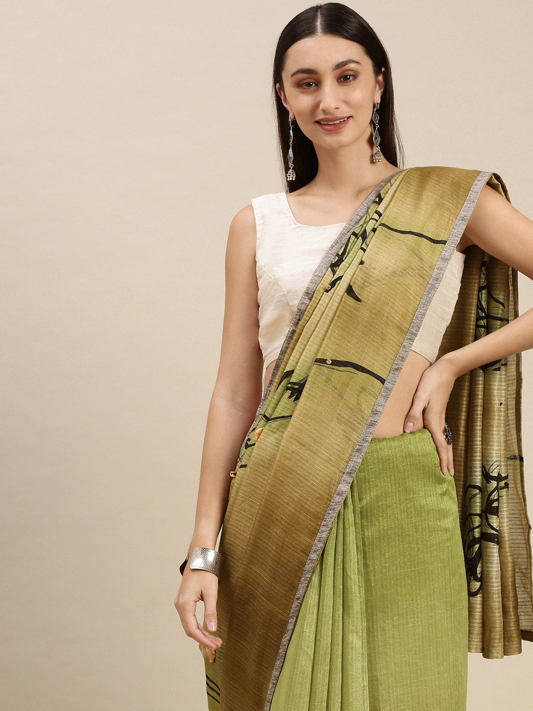 RACHNA Green & Black Ethnic Motifs Linen Blend Saree