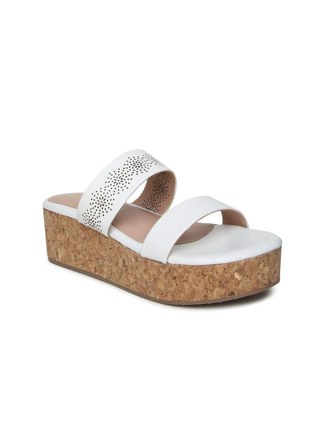 VALIOSAA White Textured Flatform Heels with Laser Cuts