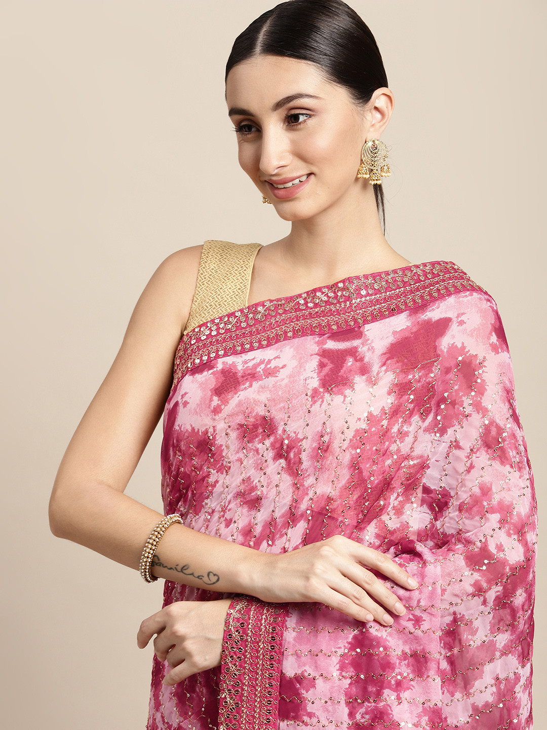 Mitera Red & White Tie and Dye Sequinned Saree