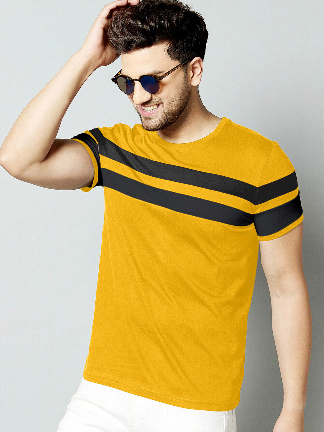 Ausk Mustard & Black Colorblocked Round Neck Half Sleeve T-Shirt
