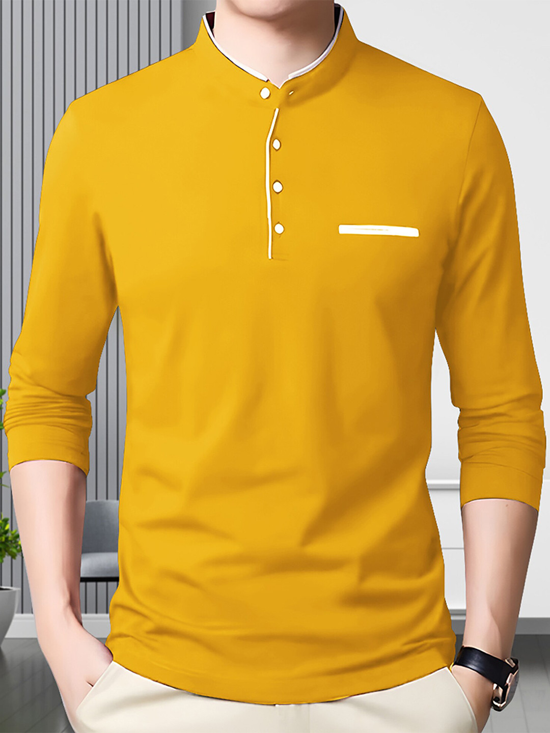 Ausk Mustard & White Solid Mandarin Collar Full Sleeve T-Shirt