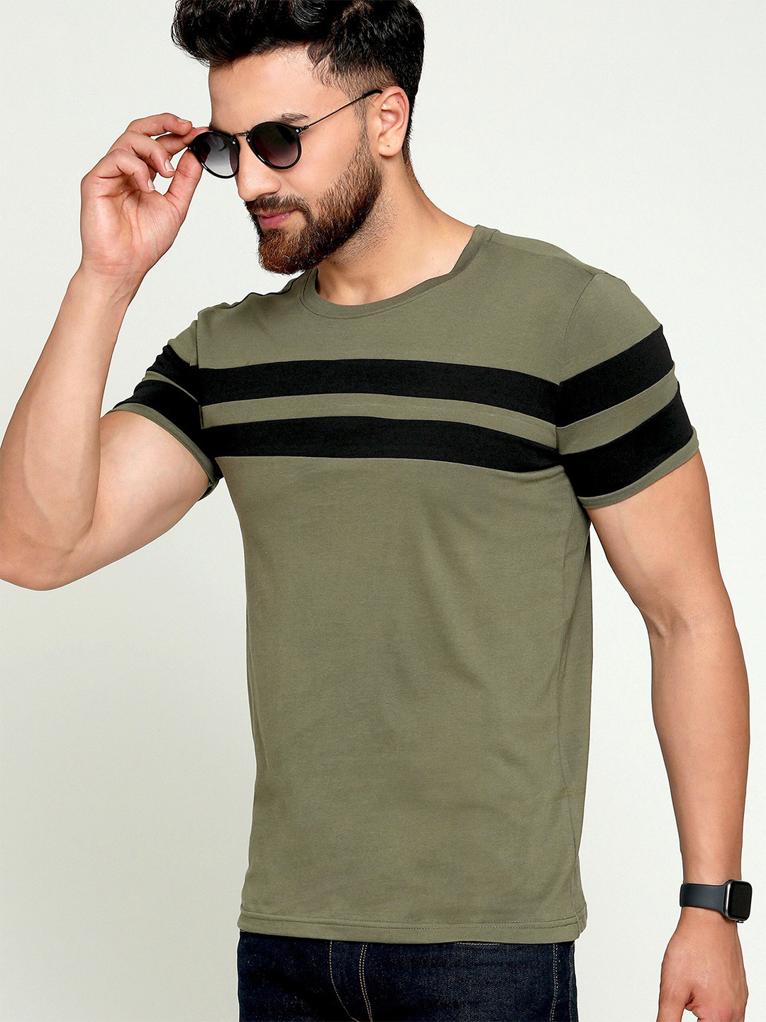 Ausk Dark Green & Black Colorblocked Round Neck Half Sleeve T-Shirt