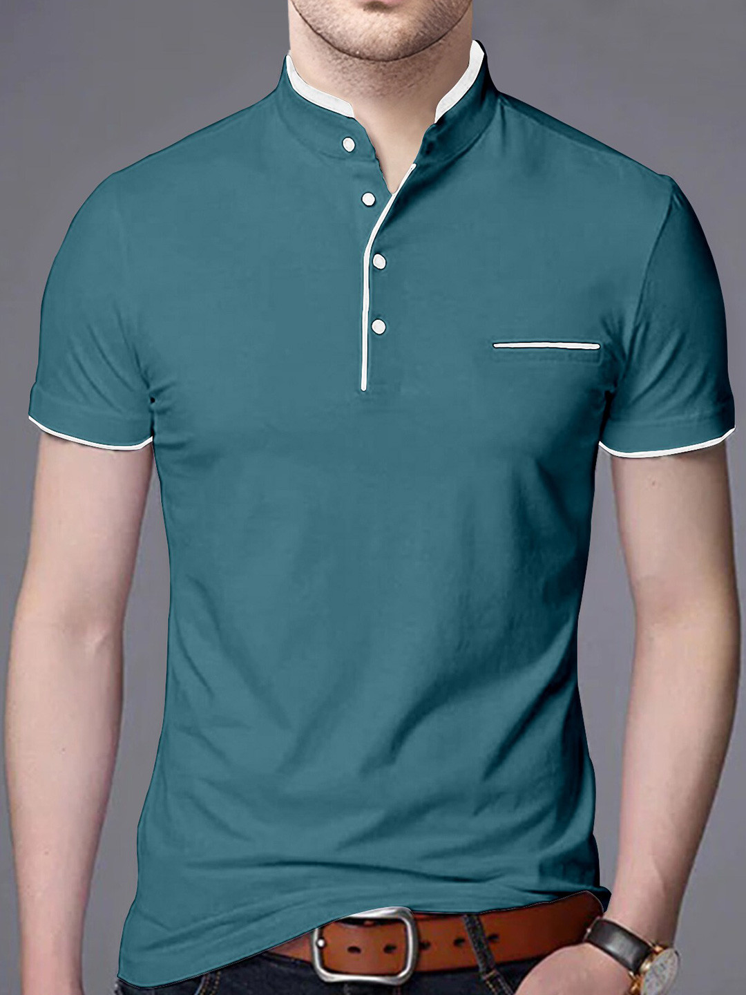 AUSK Men Teal Mandarin Collar T-shirt with Mask