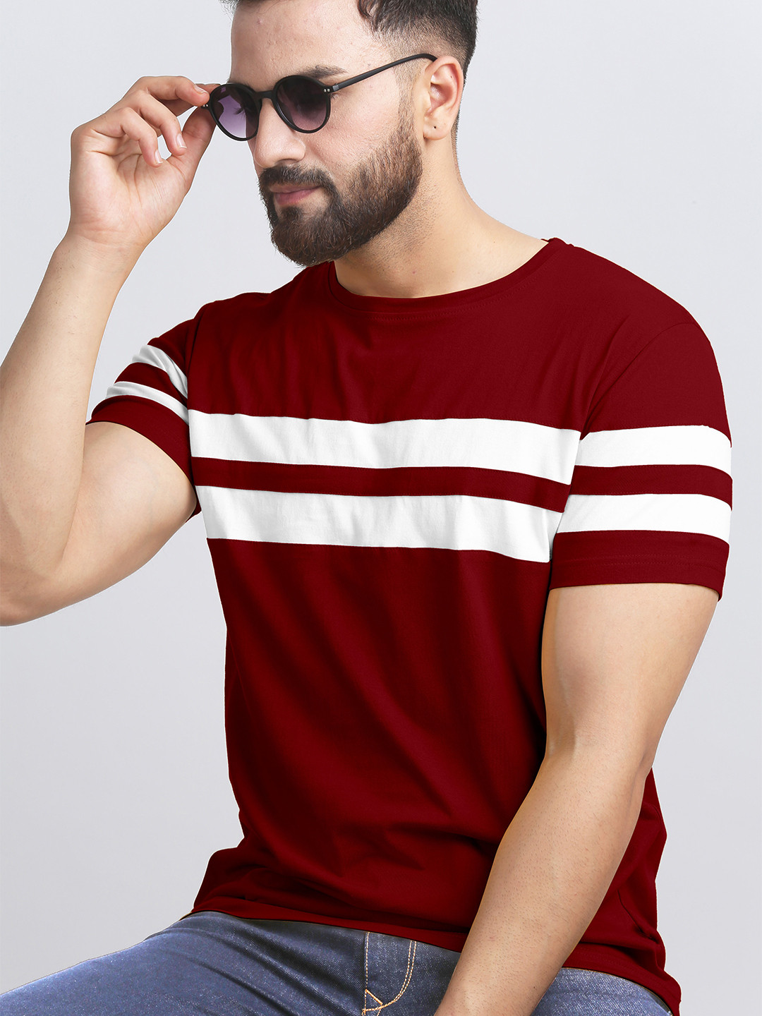 AUSK Men Maroon Striped T-shirt with Mask