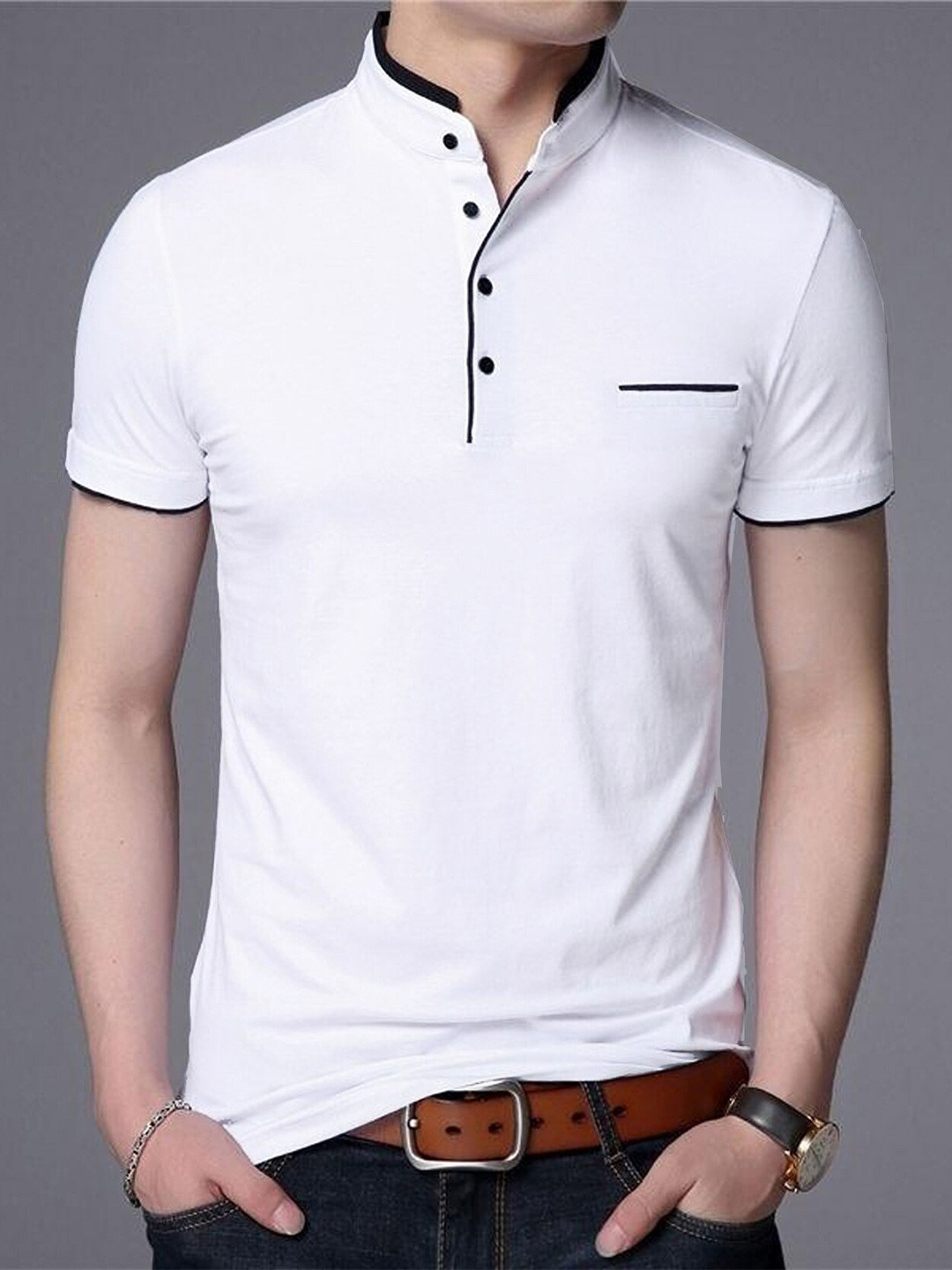 AUSK Men White Mandarin Collar T-shirt with Mask