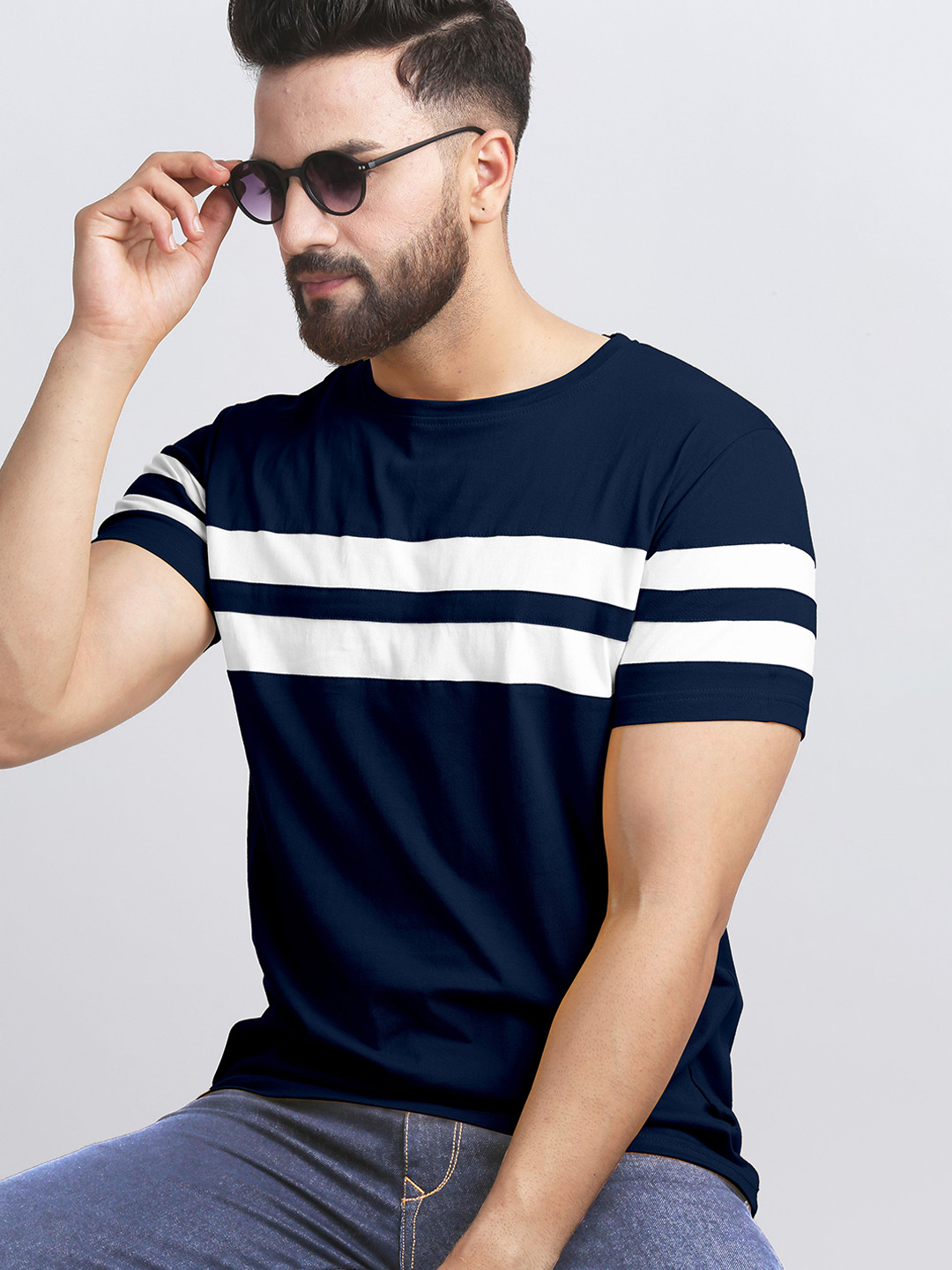 AUSK Men Blue Striped T-shirt with Mask