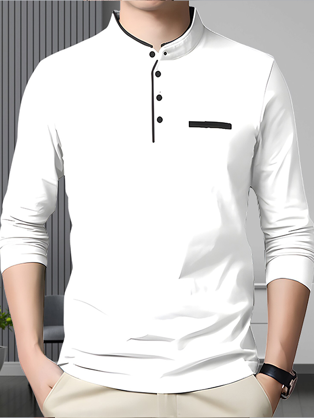 AUSK Men White Polo Collar T-shirt with Mask