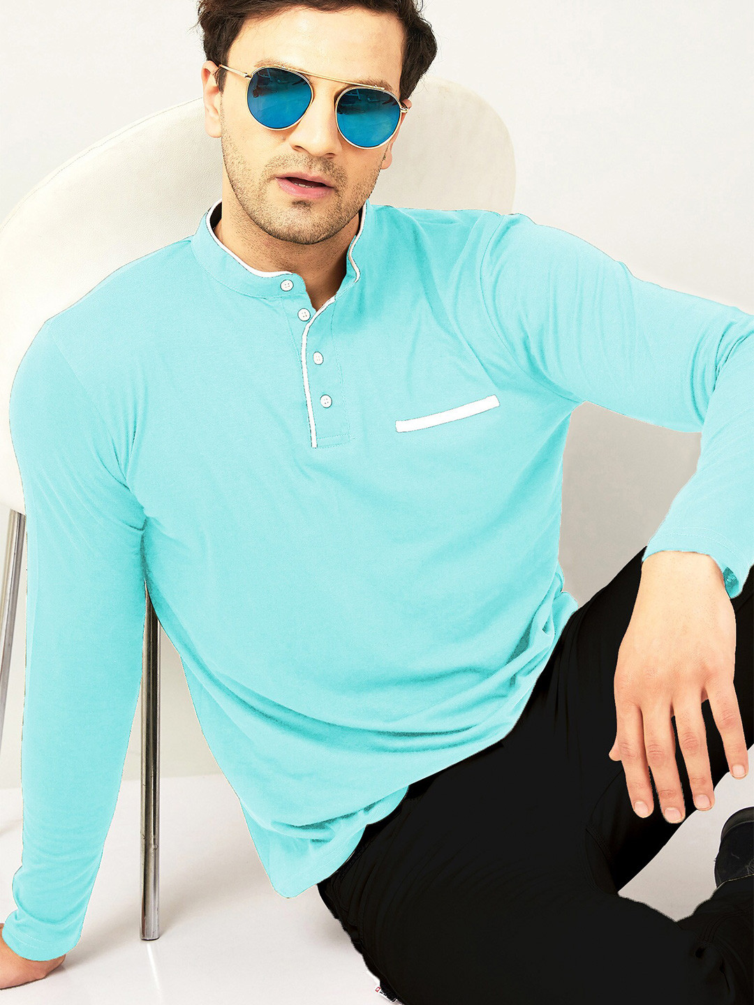 AUSK Men Sea Green Polo Collar T-shirt with Mask