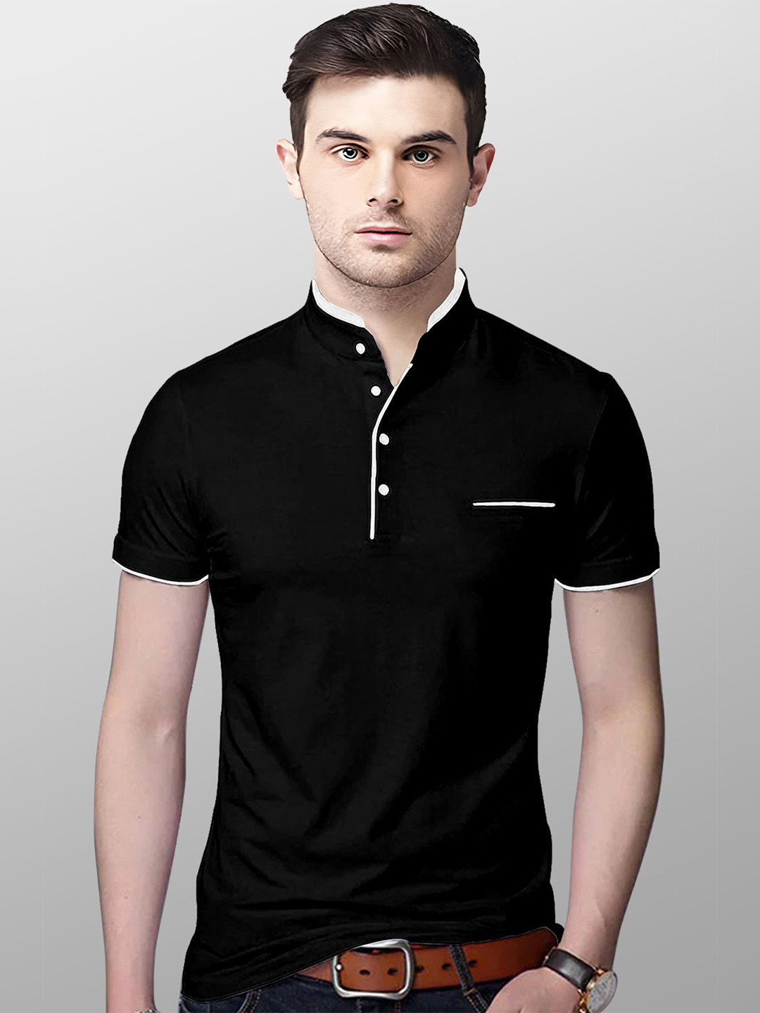 AUSK Men Black & White Mandarin Collar T-shirt with Mask