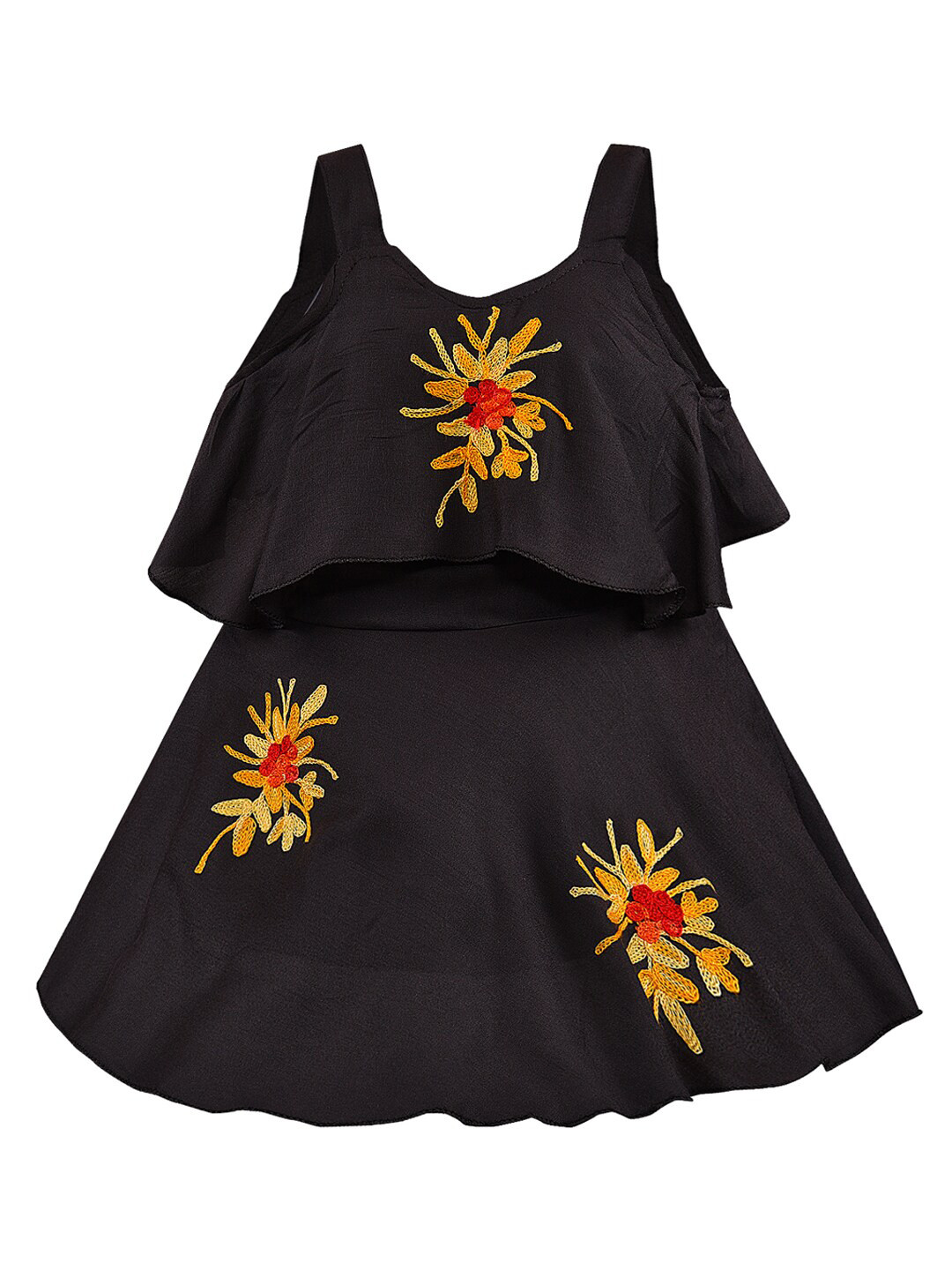 Wish Karo Girls Charcoal Floral Embroidered Dress