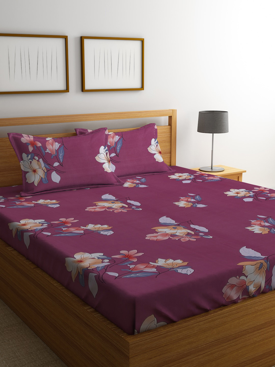 SOKNACK Purple Floral Polycotton 300 TC Queen Fine Bedsheet with 2 Pillow Covers-90 x 100 inches