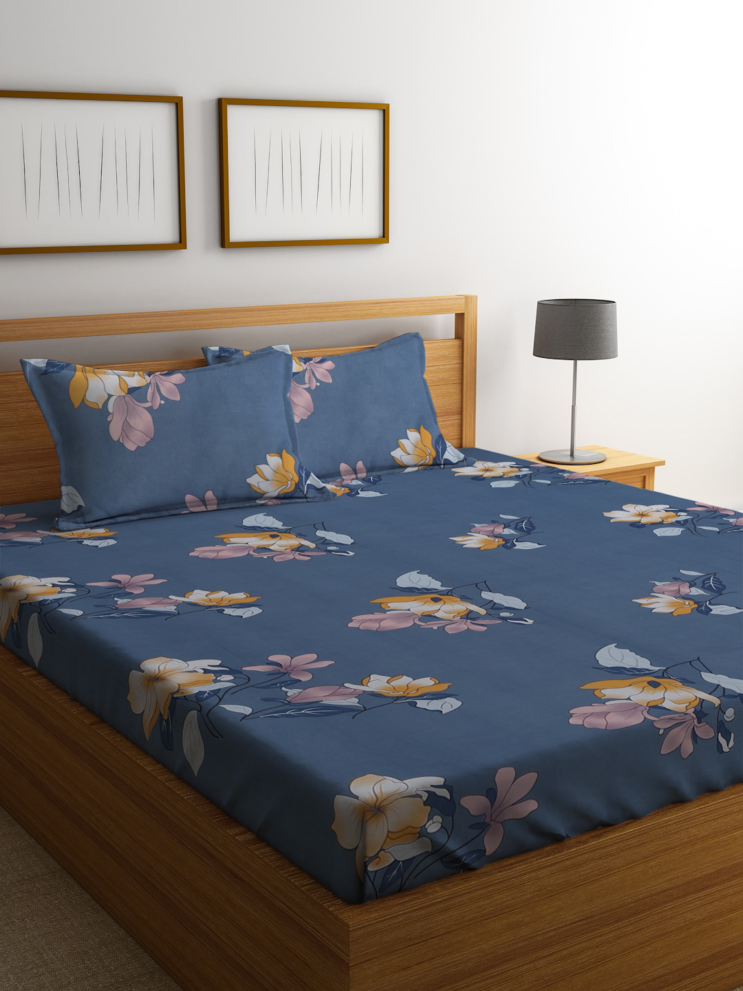 SOKNACK Blue Floral Polycotton 300 TC Queen Fine Bedsheet with 2 Pillow Covers-90 x 100 inches