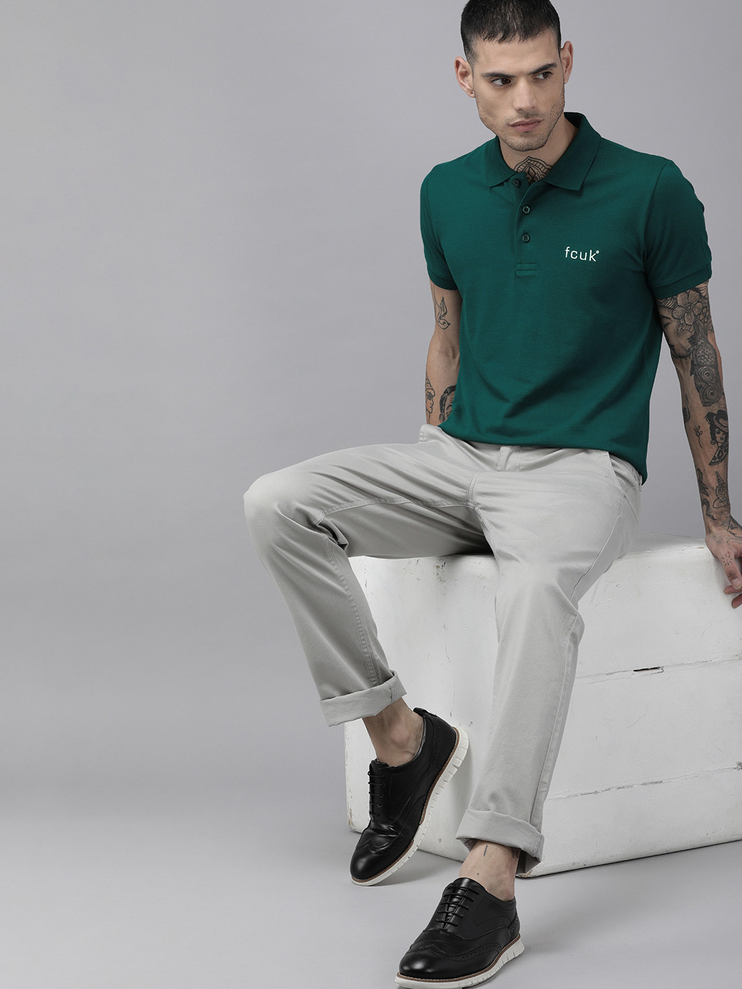 French Connection Men Teal Green Polo Collar Pure Cotton T-shirt